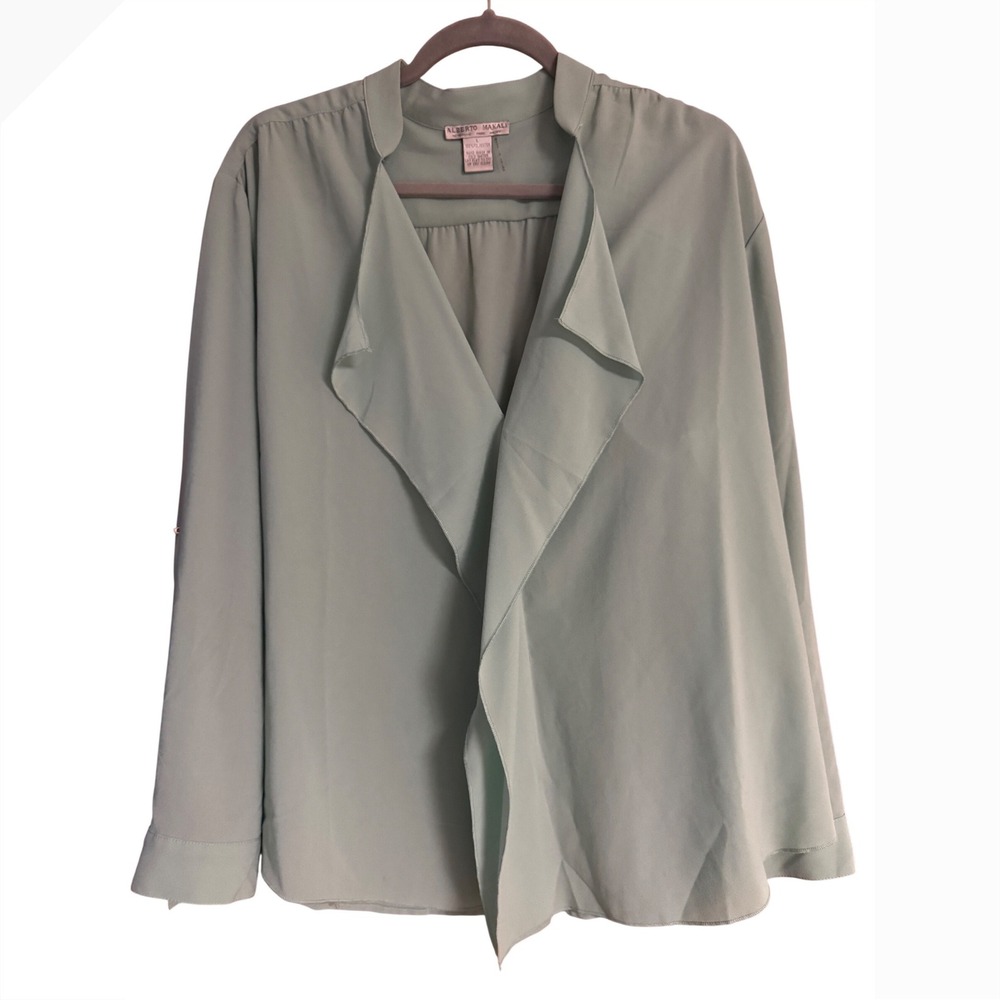 Alberto Makali Mint Green Draped Open Front Roll Tab Sleeve Blouse Large